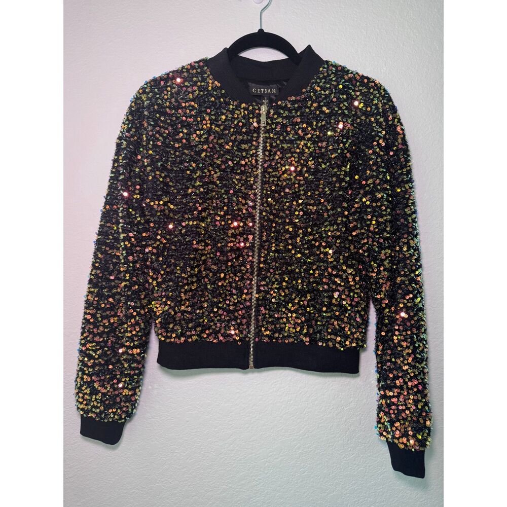Women's Sequin Bomber Jacket Zip Front - Size Small
